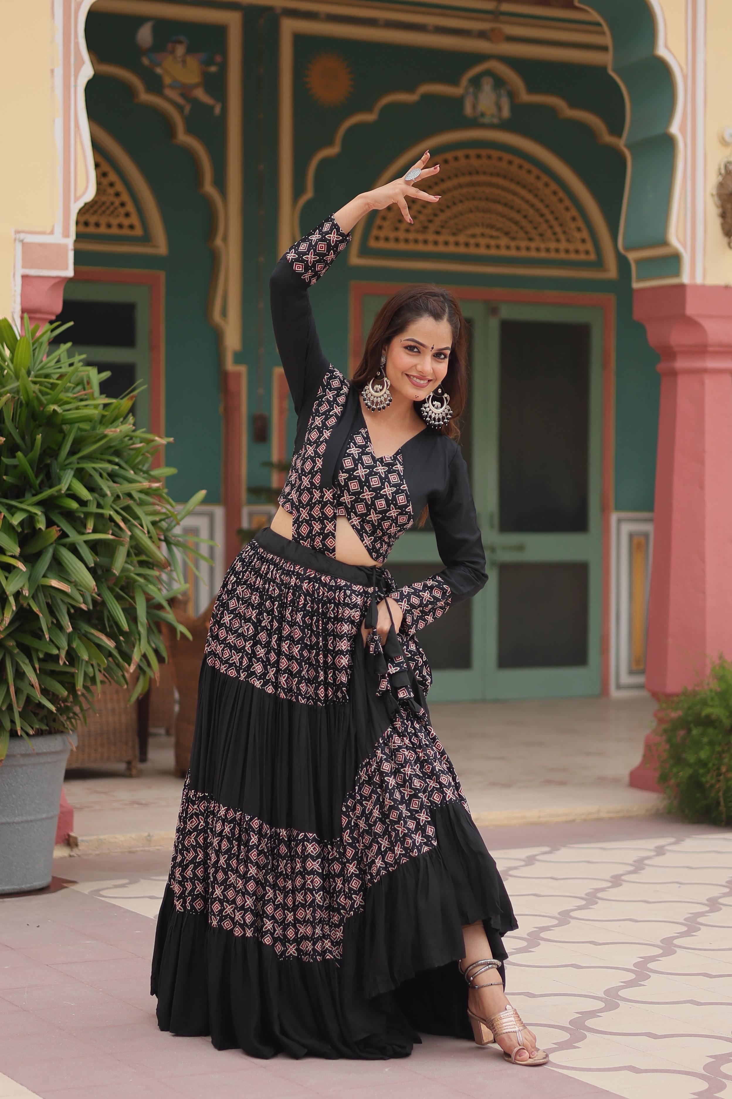 Lorenvalley Black Printed Rayon Navratri Collection Lehenga Choli with Dupatta | Grocsy