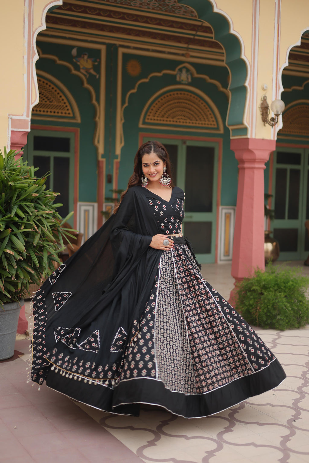 Lorenvalley Black Rayon Gota Patti Lace Printed Kali Pattern Lehenga Choli with Dupatta | Grocsy