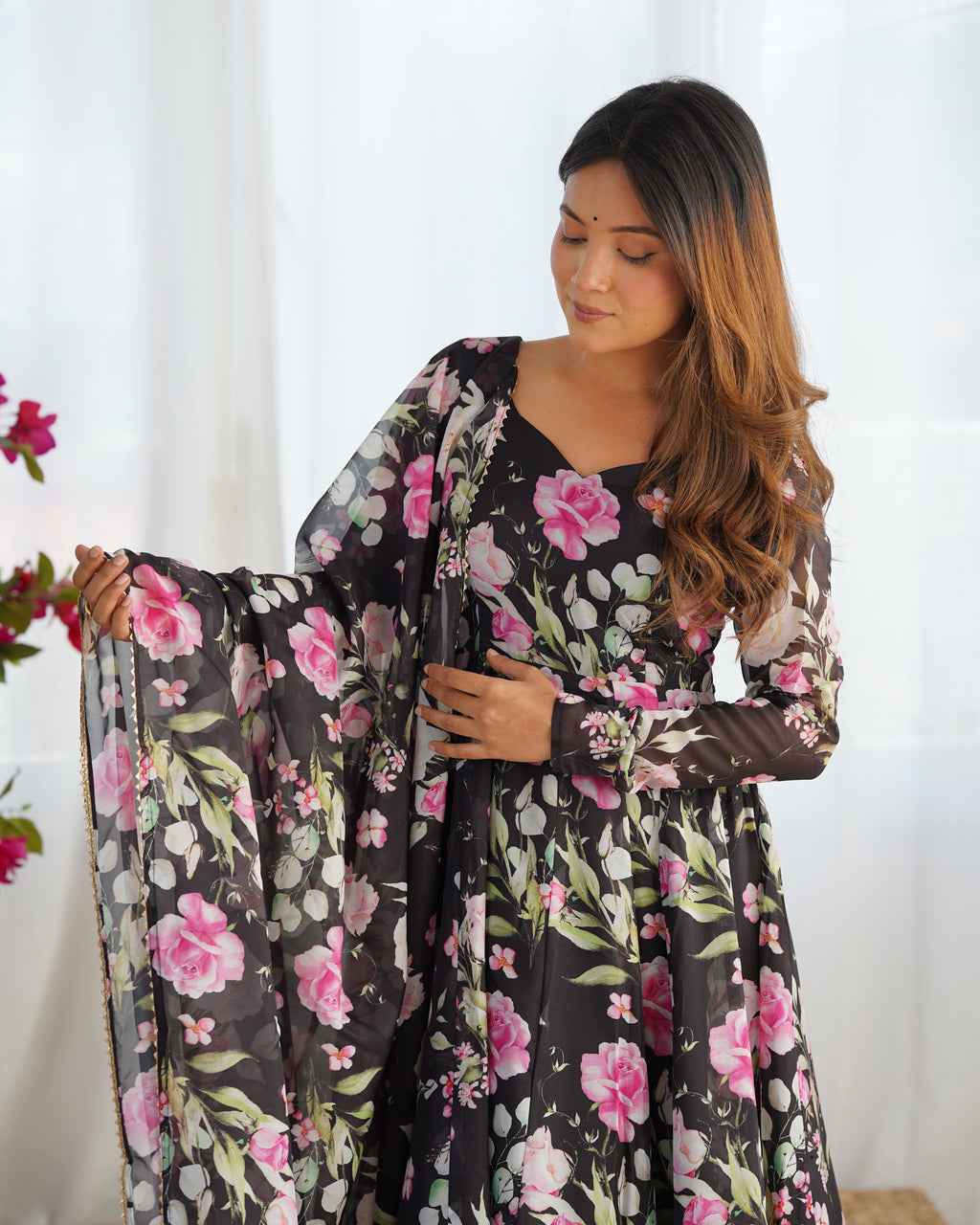 Lorenvalley Soft Organza Silk With Floral Print Fully Flared Anarkali Pant With Dupatta Set - Black | Grocsy