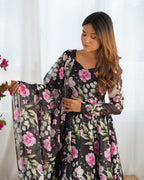 Lorenvalley Soft Organza Silk With Floral Print Fully Flared Anarkali Pant With Dupatta Set - Black | Grocsy