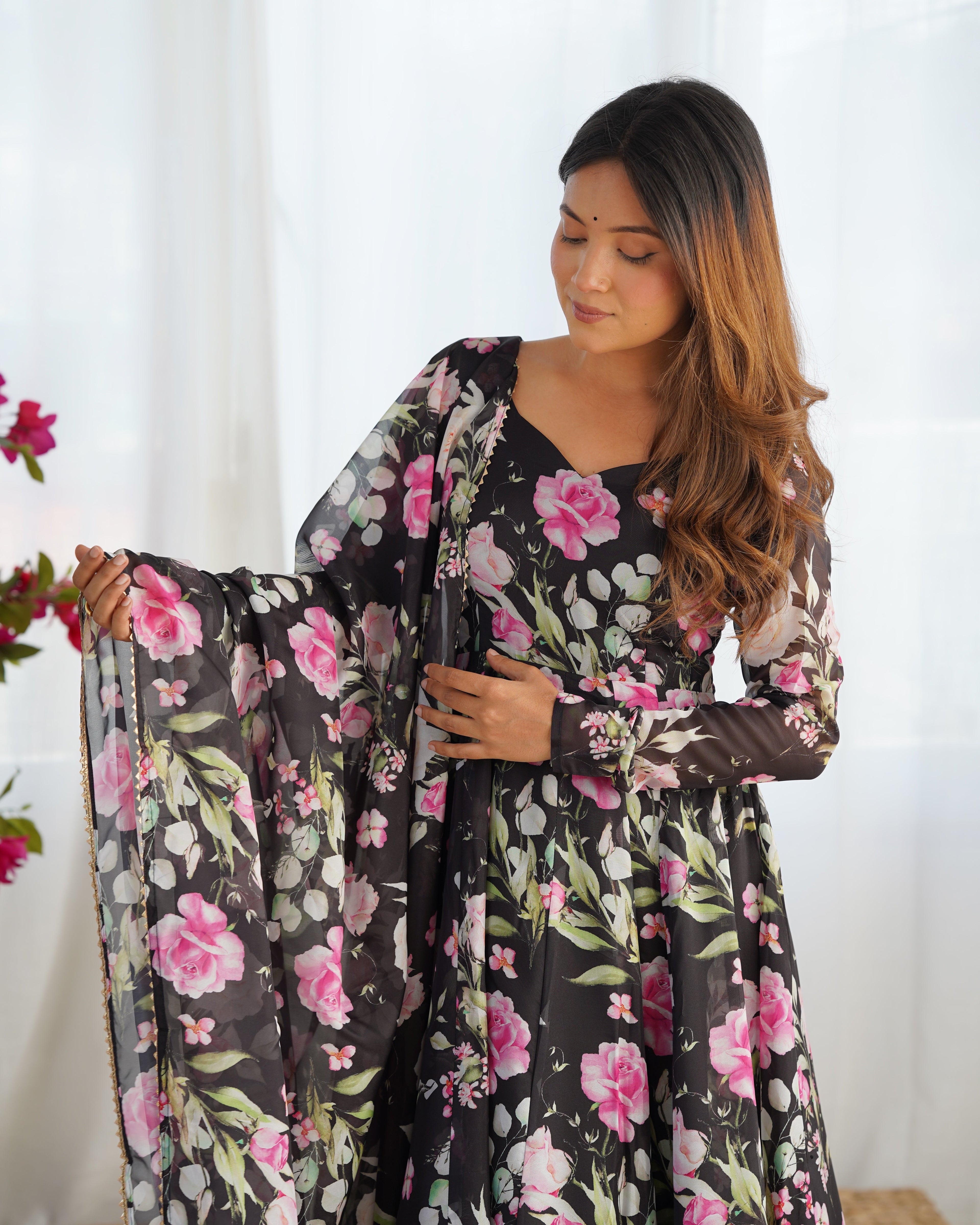 Lorenvalley Soft Organza Silk With Floral Print Fully Flared Anarkali Pant With Dupatta Set - Black | Grocsy