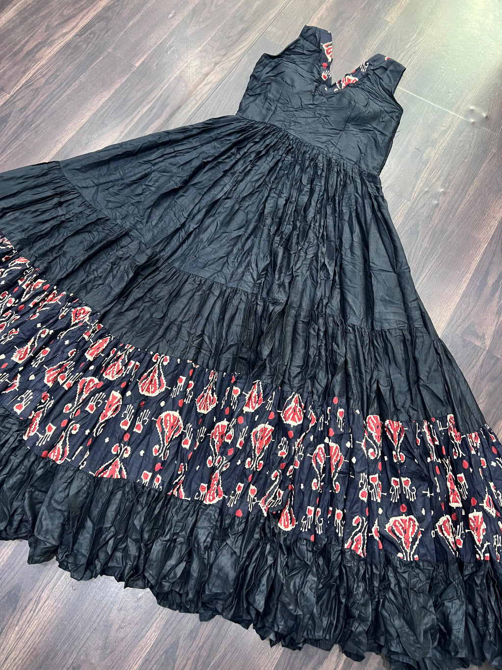 Lorenvalley Black Rayon Fabric with Printed Attached In Frill And Neck Gown | Grocsy