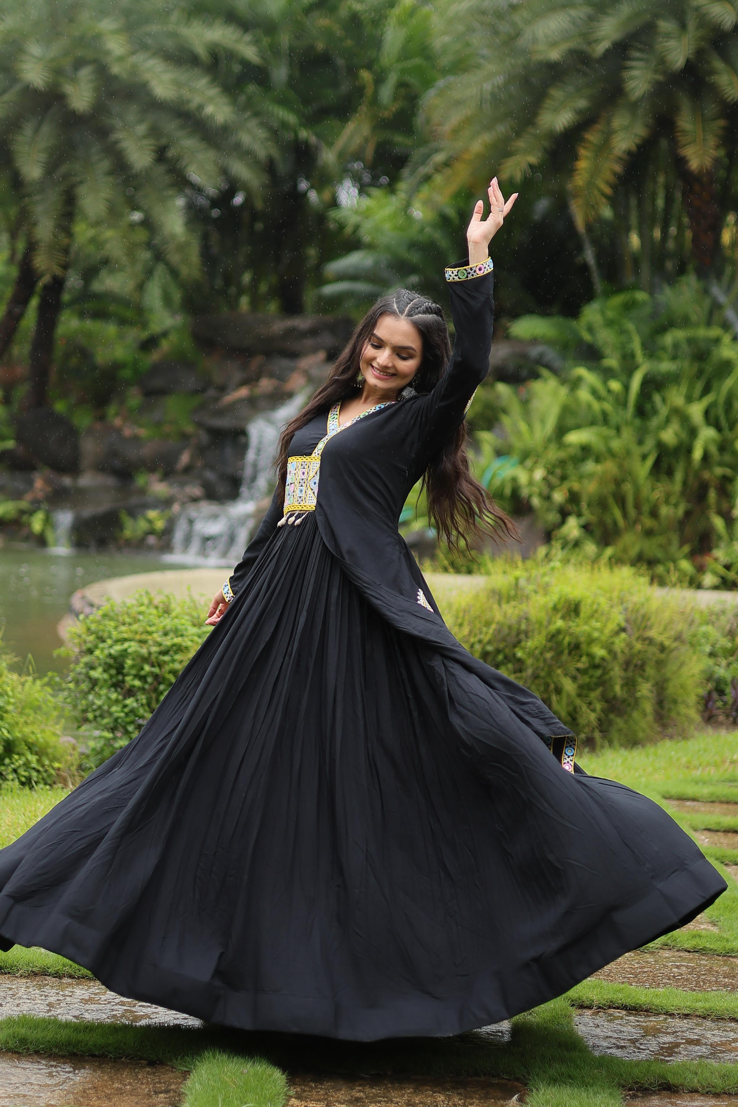 Lorenvalley Black Rayon Fabric With Kutchi Gamthi Lace Gown | Grocsy