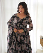 Lorenvalley Pure Faux Georgette Multi Floral Print Fully Flared Anarkali Pant With Dupatta Set - Black | Grocsy