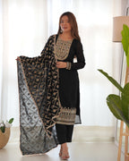 Lorenvalley Black Vichitra Silk Embroidery Sequence and Dori Thread Work Kurta Trousers with Dupatta Set | Grocsy