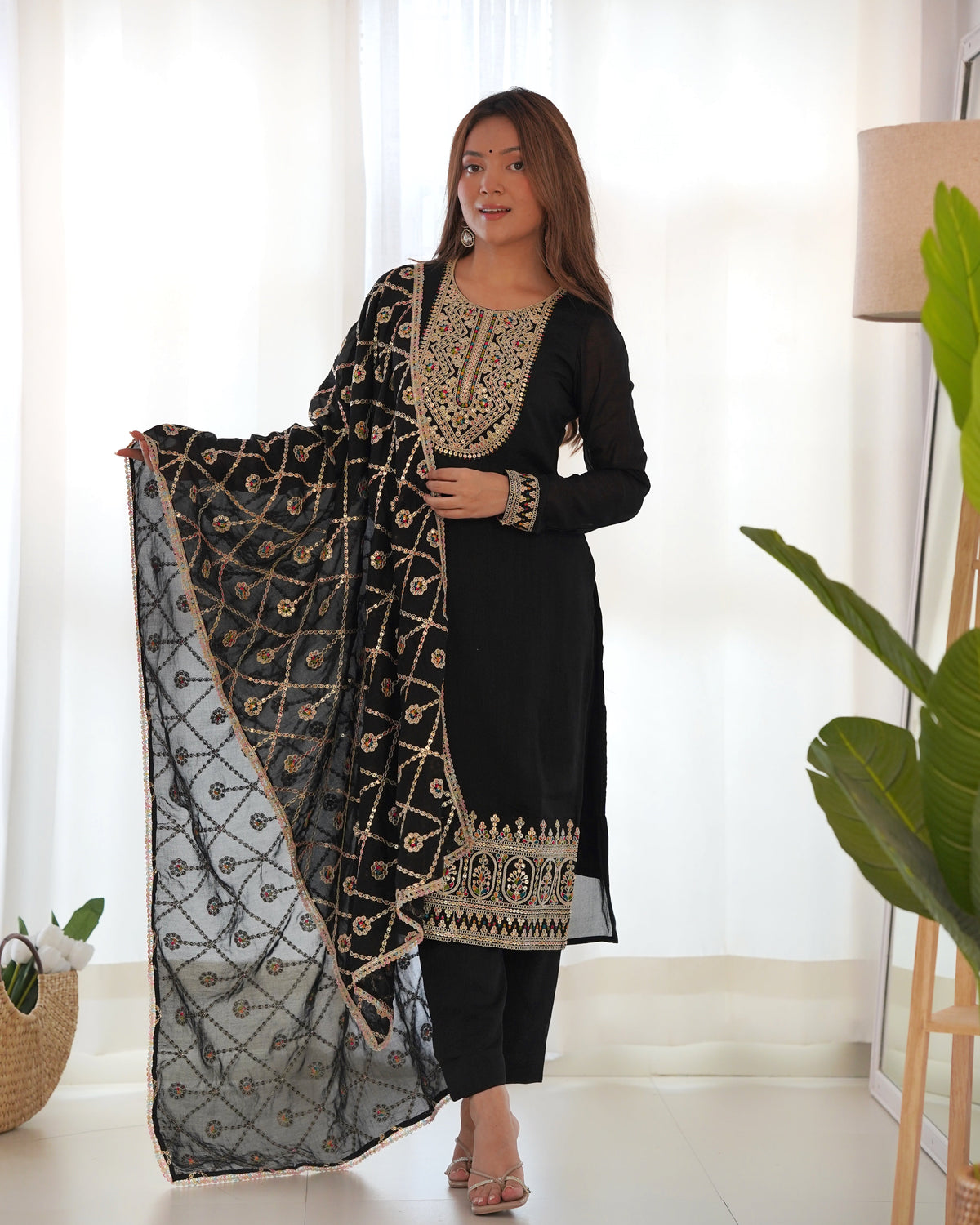 Lorenvalley Black Vichitra Silk Embroidery Sequence and Dori Thread Work Kurta Trousers with Dupatta Set | Grocsy