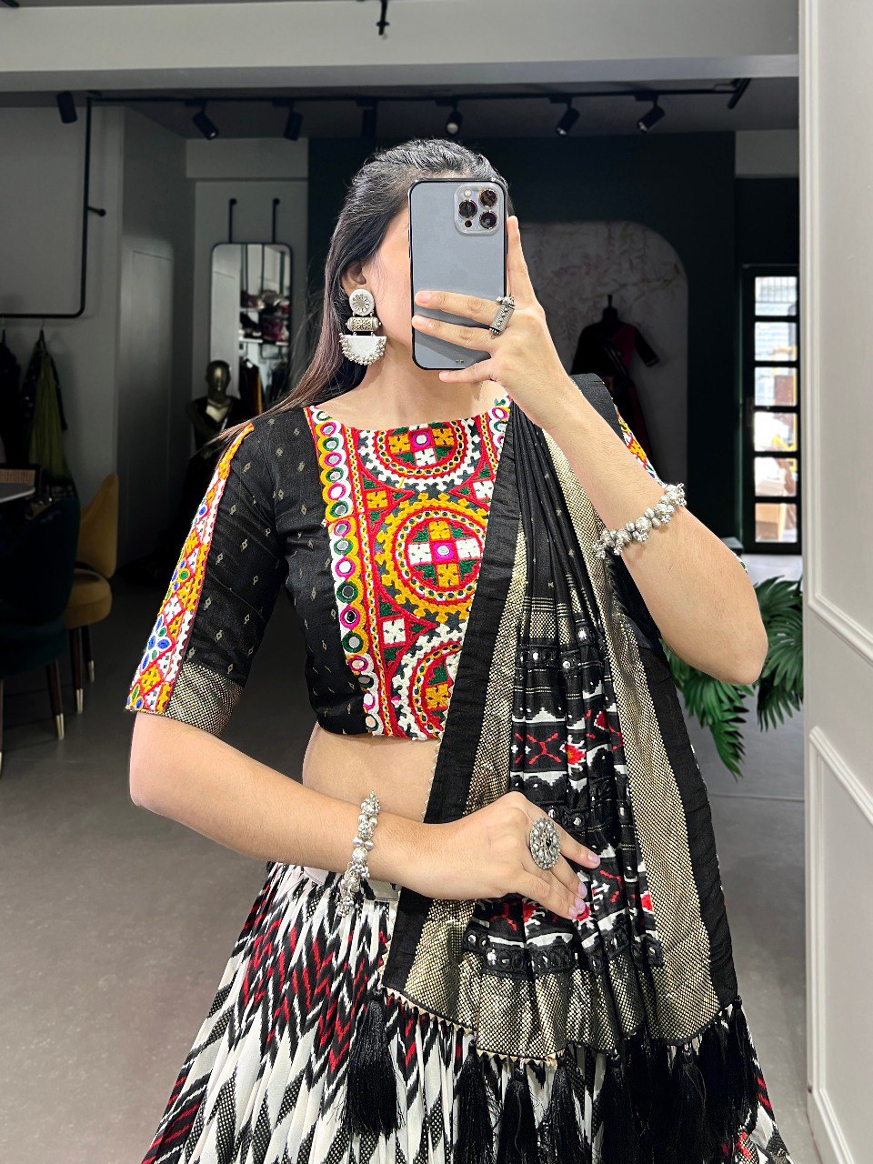 Lorenvalley Tussar Silk Black Leheriya Print with Foil Print and Paper Mirror Work Lace Lehenga Choli with Dupatta | Grocsy
