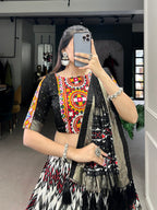 Lorenvalley Tussar Silk Black Leheriya Print with Foil Print and Paper Mirror Work Lace Lehenga Choli with Dupatta | Grocsy