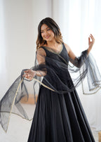 Lorenvalley Fashion Black Pure Romansilk Chanderi Fabric Yoke Fancy Lace Work Anarkali Kurta Pant With Dupatta Set | Grocsy