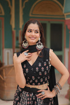 Lorenvalley Black Rayon Gota Patti Lace Printed Kali Pattern Lehenga Choli with Dupatta | Grocsy