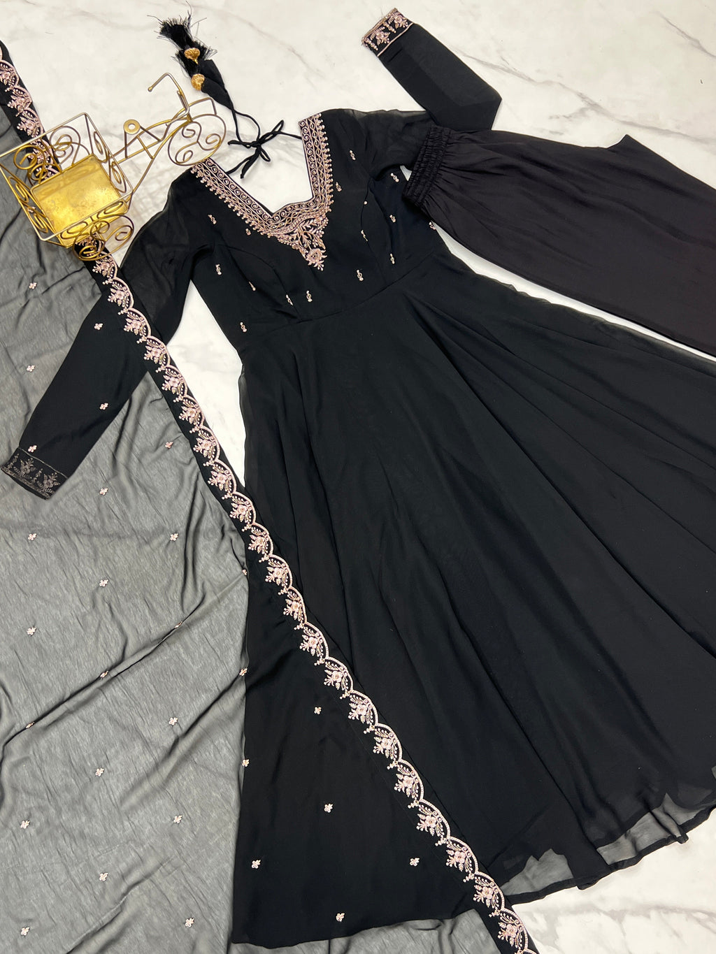 Lorenvalley Black Faux Georgette Fancy Embroidery Beads And Jari Work Anarkali Kurta Palazzo With Dupatta Set | Grocsy