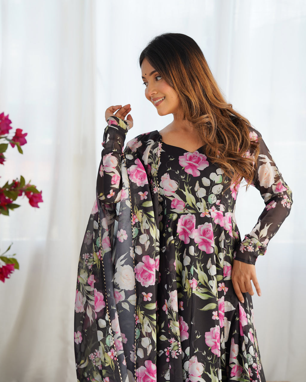 Lorenvalley Soft Organza Silk With Floral Print Fully Flared Anarkali Pant With Dupatta Set - Black | Grocsy