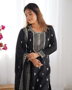 Lorenvalley Black Chinon Silk Embroidery Sequence and Jari Work Kurta Trousers with Dupatta Set | Grocsy