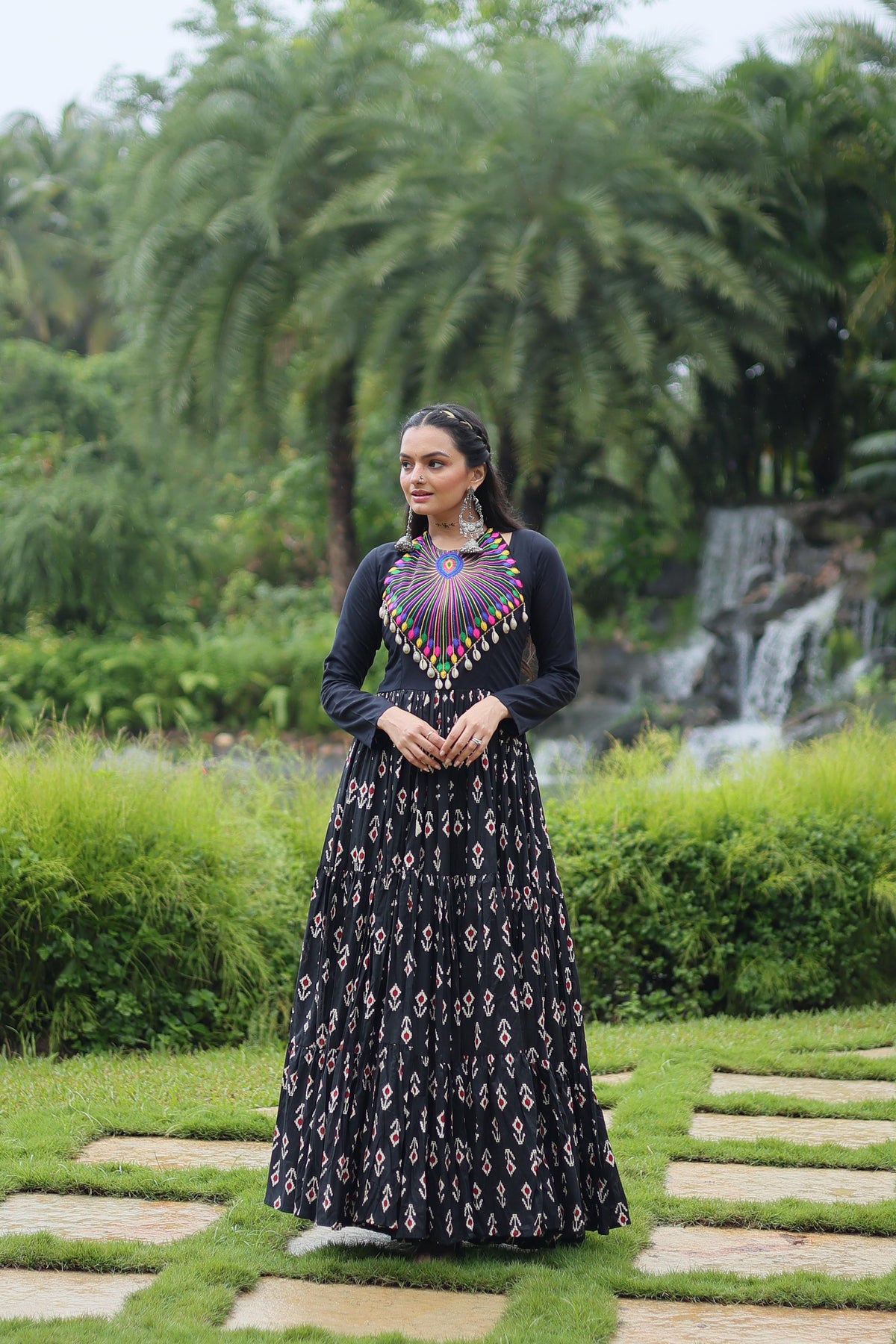 Lorenvalley Black Cotton Printed With Kutchi Gamthi Work and Kodi Lace Gown | Grocsy