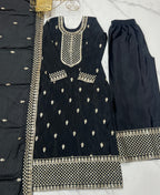 Lorenvalley Black Chinon Silk Embroidery Sequence and Jari Work Kurta Trousers with Dupatta Set | Grocsy