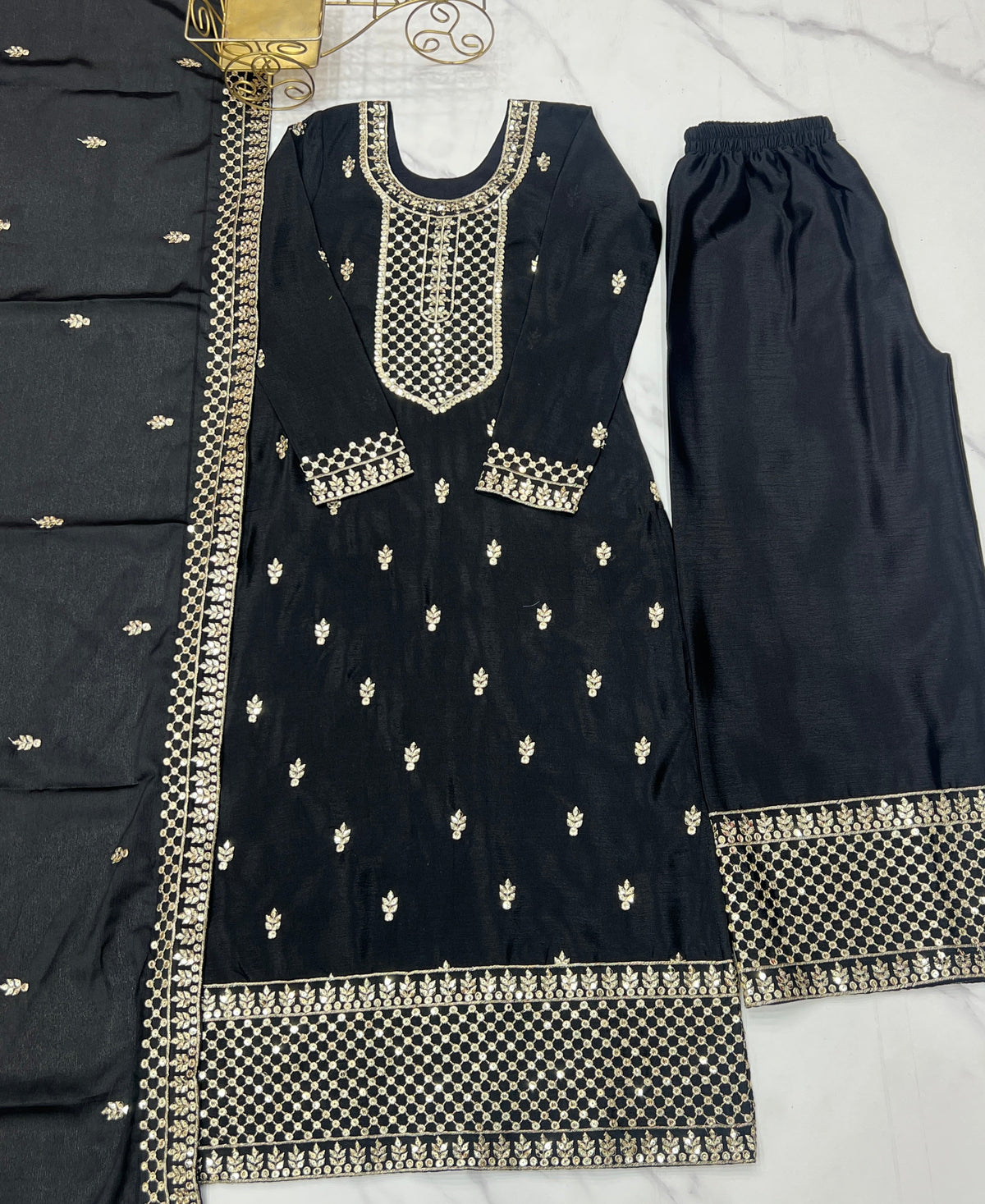 Lorenvalley Black Chinon Silk Embroidery Sequence and Jari Work Kurta Trousers with Dupatta Set | Grocsy