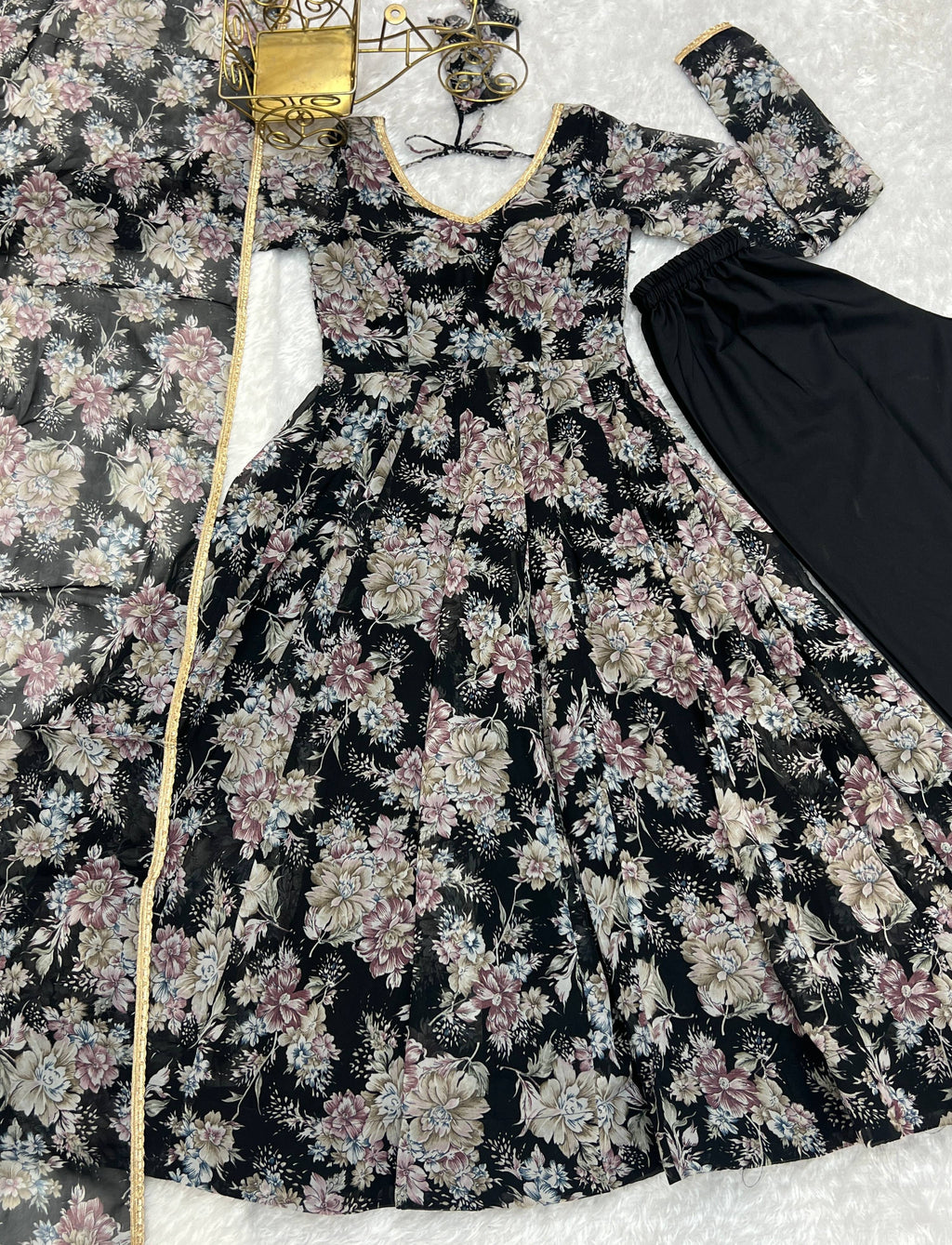 Lorenvalley Pure Faux Georgette Multi Floral Print Fully Flared Anarkali Pant With Dupatta Set - Black | Grocsy
