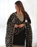 Lorenvalley Black Vichitra Silk Embroidery Sequence and Dori Thread Work Kurta Trousers with Dupatta Set | Grocsy