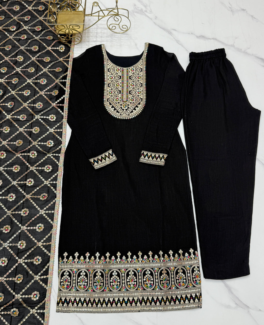 Lorenvalley Black Vichitra Silk Embroidery Sequence and Dori Thread Work Kurta Trousers with Dupatta Set | Grocsy