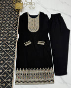 Lorenvalley Black Vichitra Silk Embroidery Sequence and Dori Thread Work Kurta Trousers with Dupatta Set | Grocsy