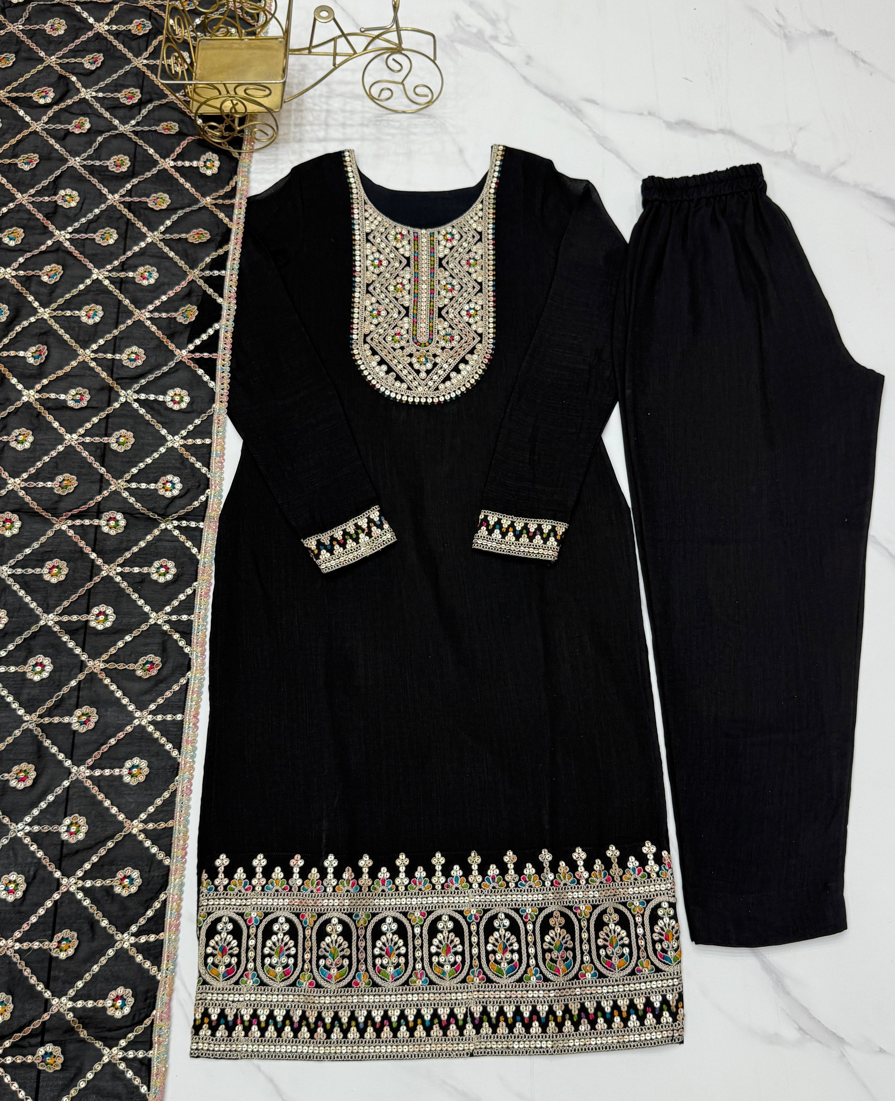 Lorenvalley Black Vichitra Silk Embroidery Sequence and Dori Thread Work Kurta Trousers with Dupatta Set | Grocsy