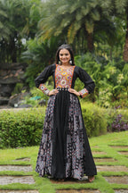 Lorenvalley Black Rayon Contrast of Printed with Kutchi Gamthi work Gown | Grocsy