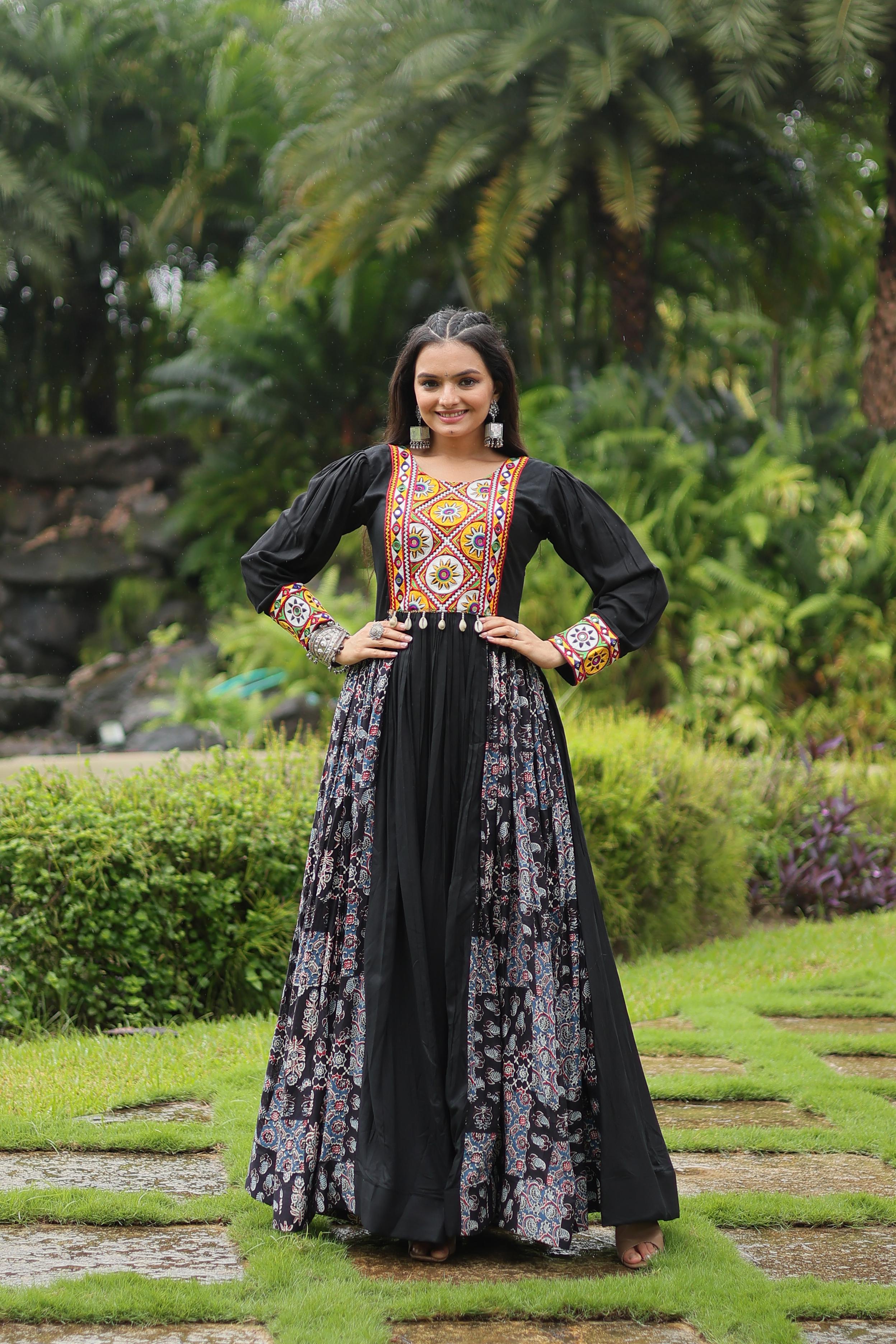 Lorenvalley Black Rayon Contrast of Printed with Kutchi Gamthi work Gown | Grocsy