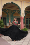 Lorenvalley Black Rayon Fabric with Kutchi Gamthi Kodi work Gown | Grocsy
