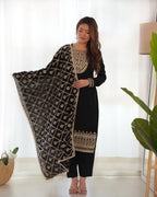 Lorenvalley Black Vichitra Silk Embroidery Sequence and Dori Thread Work Kurta Trousers with Dupatta Set | Grocsy