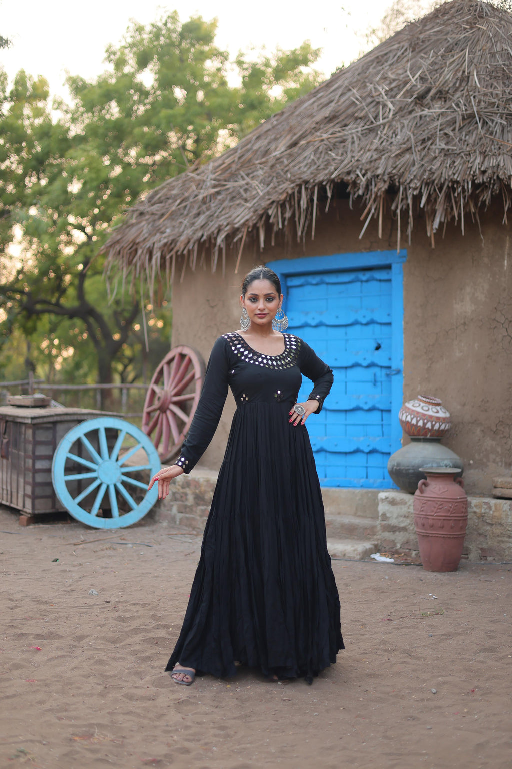 Lorenvalley Black Rayon Fabric With Real Mirror Work Gown | Grocsy