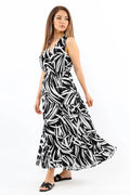 Pimu Viscose Patterned Summer Dress - Elastic Waist, V-Neck - Black | Grocsy