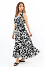 Pimu Viscose Patterned Summer Dress - Elastic Waist, V-Neck - Black | Grocsy