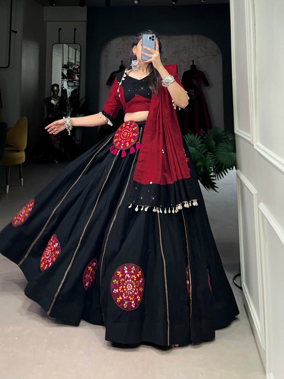 Lorenvalley Pure Black Cotton Plain And Gamthi Patch Work With Gota Patti Lehenga Choli with Dupatta | Grocsy
