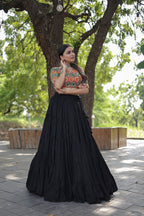 Lorenvalley Black Premium Rayon Lehenga with Georgette Embroidered Traditional Thread work Choli | Grocsy