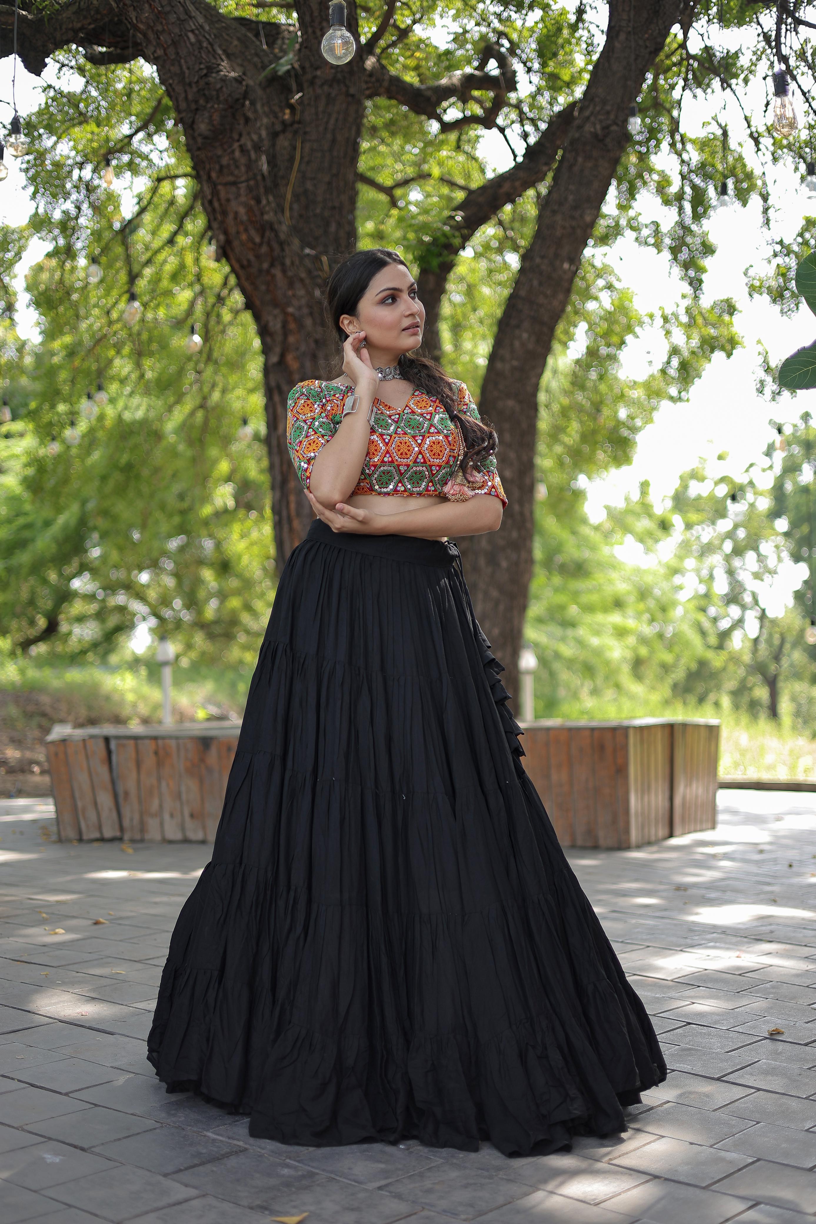 Lorenvalley Black Premium Rayon Lehenga with Georgette Embroidered Traditional Thread work Choli | Grocsy