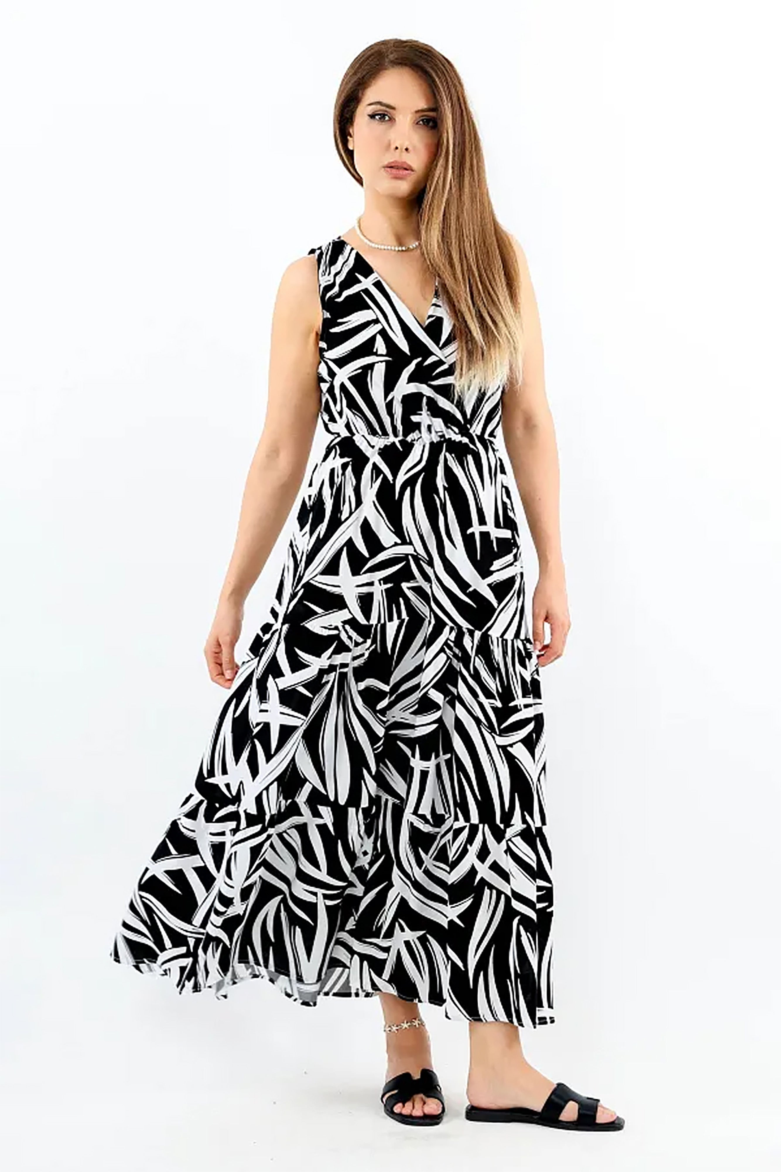 Pimu Viscose Patterned Summer Dress - Elastic Waist, V-Neck - Black | Grocsy