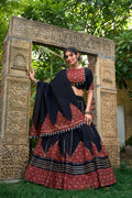 Lorenvalley Black Pure Cotton Plain With Printed And Paper Mirror Work Lace Lehenga Choli | Grocsy