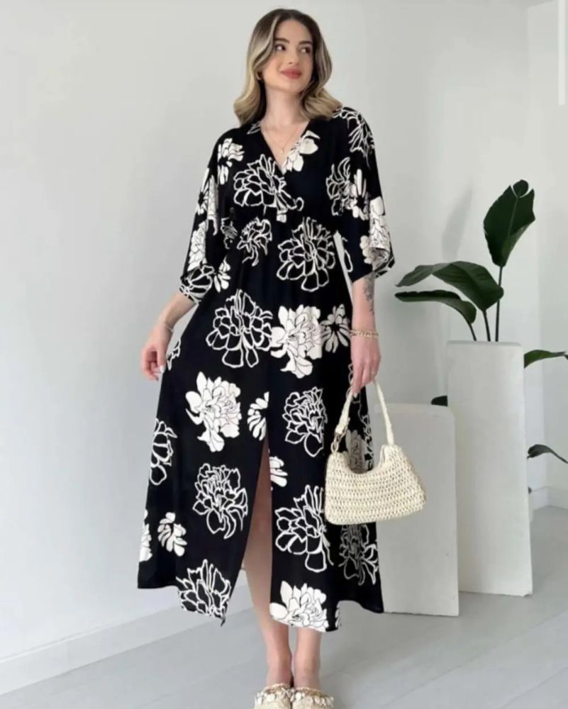 Pimu Front Slit Midi Dresses V-neck Designs For Women Party Wear - Black | Grocsy