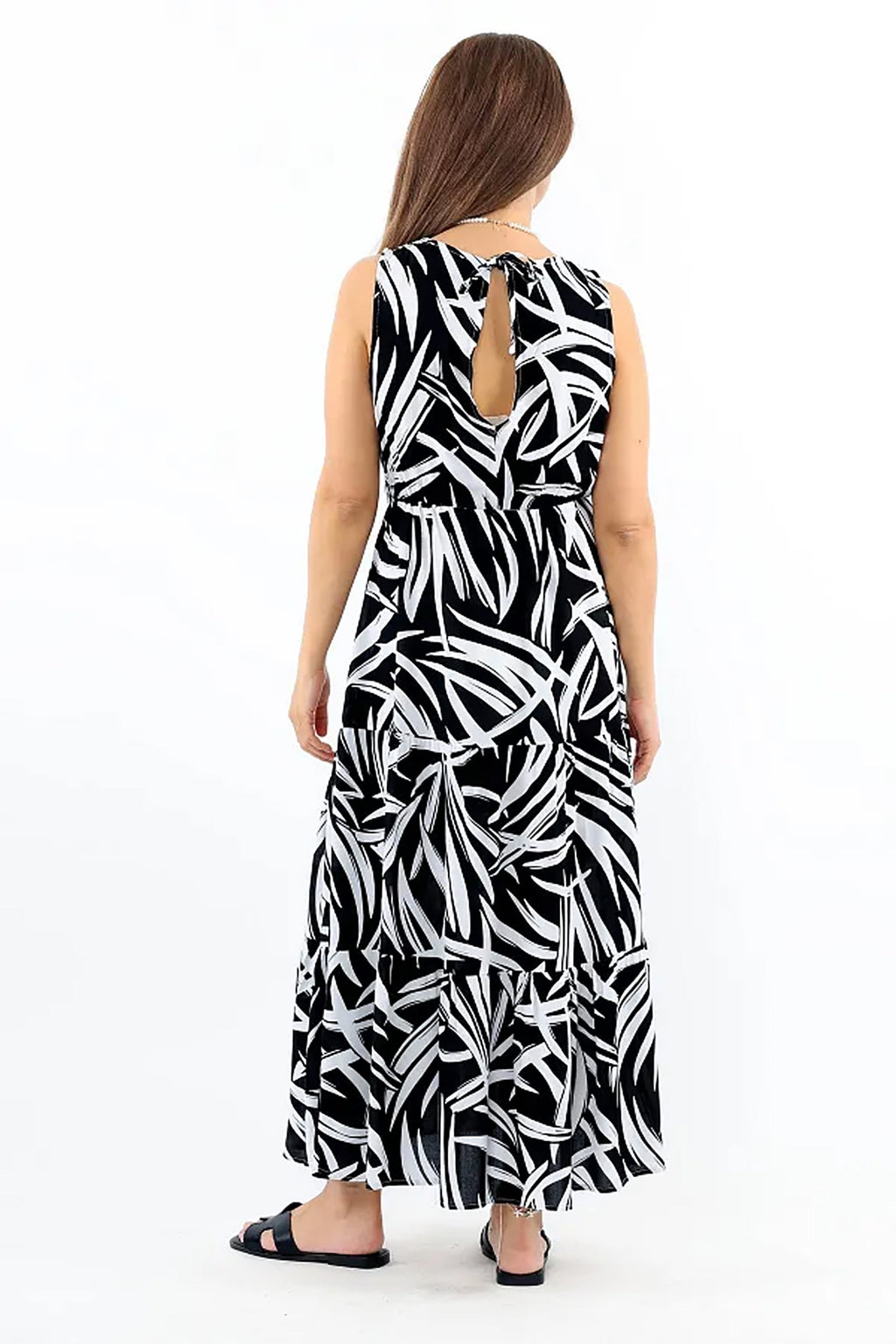 Pimu Viscose Patterned Summer Dress - Elastic Waist, V-Neck - Black | Grocsy
