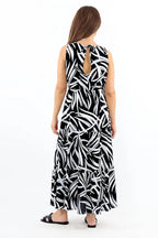 Pimu Viscose Patterned Summer Dress - Elastic Waist, V-Neck - Black | Grocsy