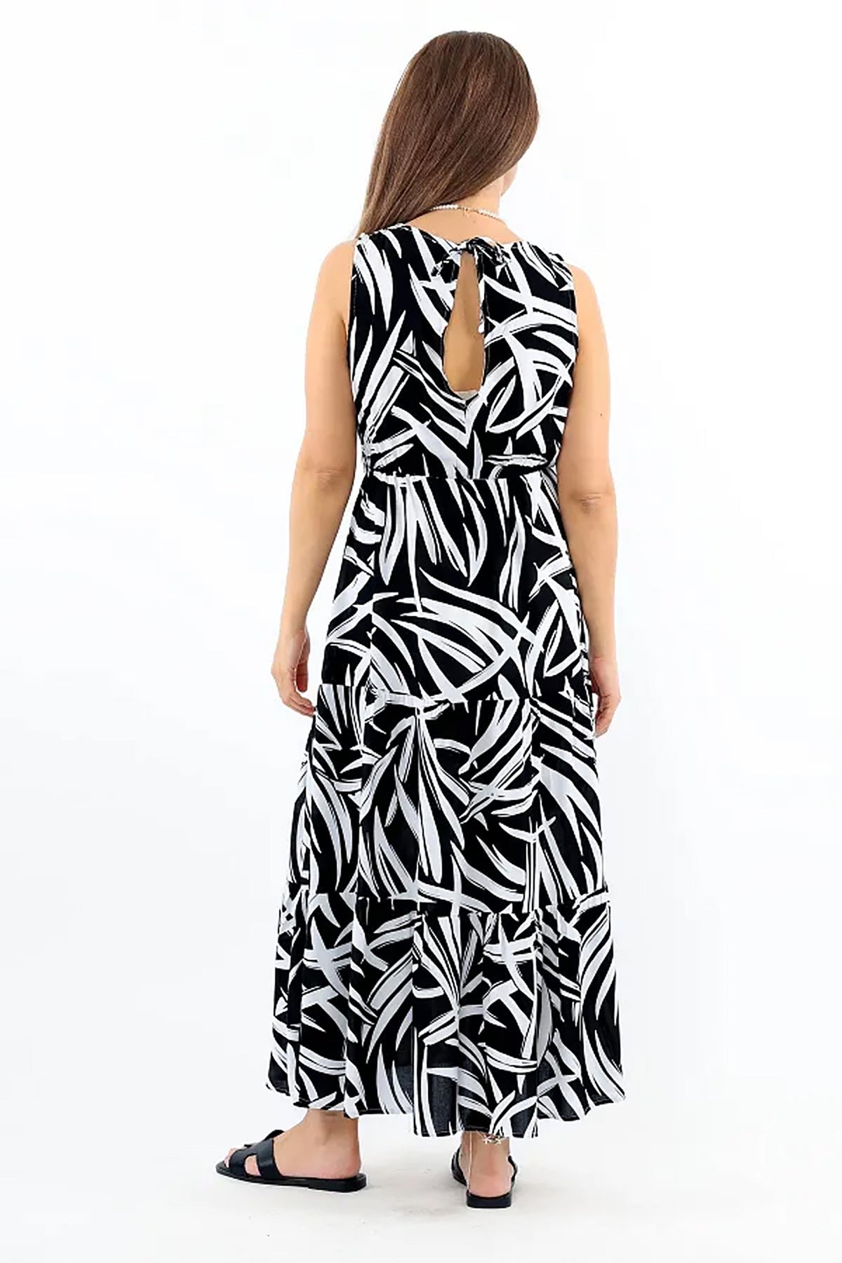 Pimu Viscose Patterned Summer Dress - Elastic Waist, V-Neck - Black | Grocsy