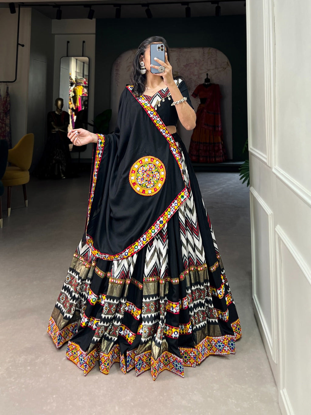 Lorenvalley Black Rayon With Printed Silk Original Mirror Gamthi Work Lehenga Choli With Dupatta | Grocsy