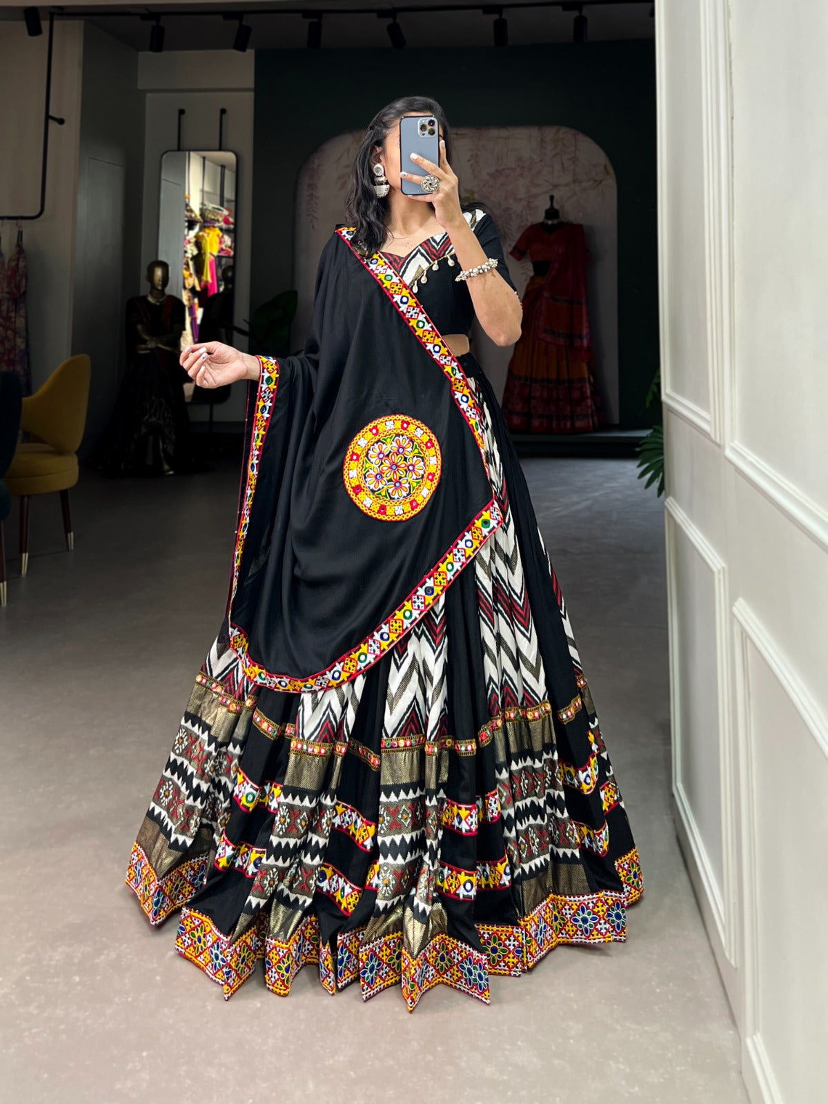 Lorenvalley Black Rayon With Printed Silk Original Mirror Gamthi Work Lehenga Choli With Dupatta | Grocsy