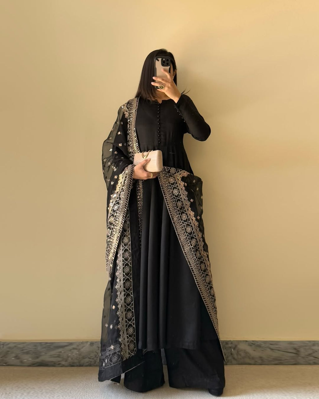 Lorenvalley Black Faux Georgette Yoke and Sleeve Potli Button Work Kurta Palazzo With Dupatta Set | Grocsy