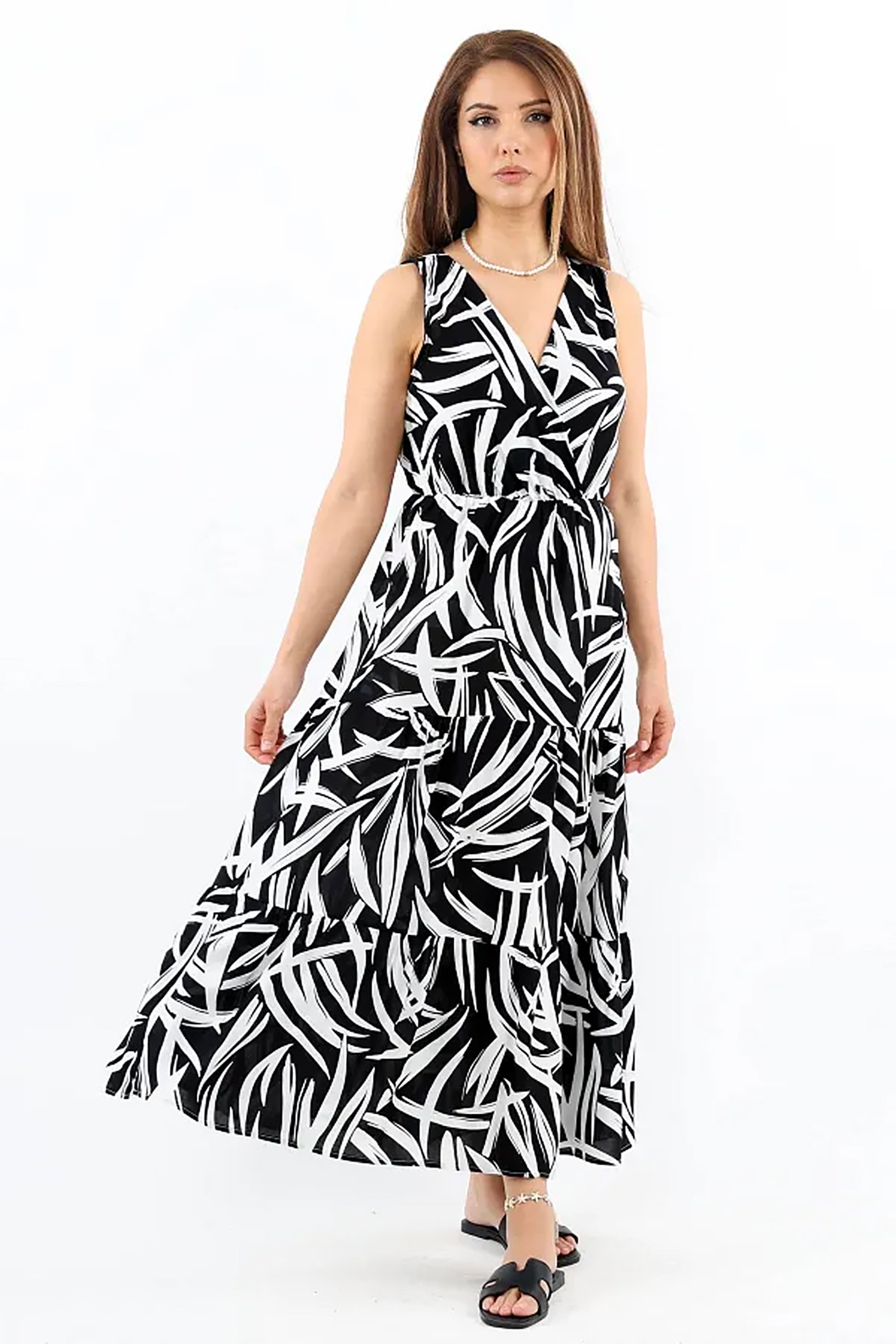 Pimu Viscose Patterned Summer Dress - Elastic Waist, V-Neck - Black | Grocsy