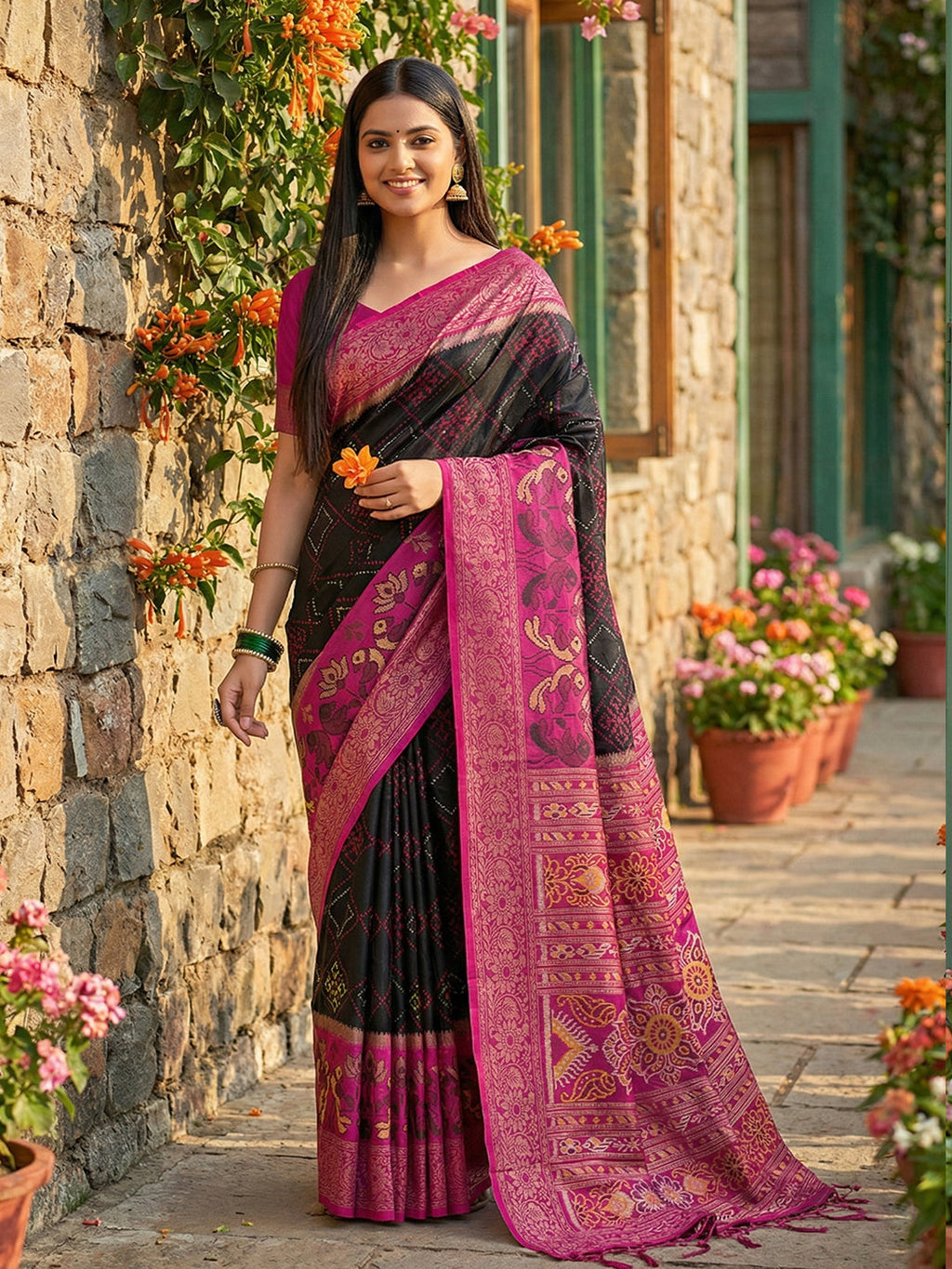 Anaita Black Pochampally Printed Saree With Blouse | Grocsy