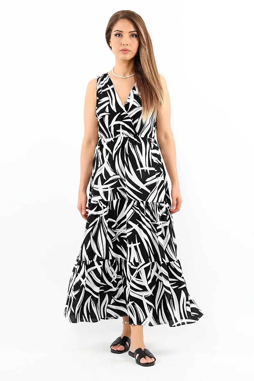 Pimu Viscose Patterned Summer Dress - Elastic Waist, V-Neck - Black | Grocsy
