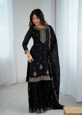 Lorenvalley Black Soft Crunchy Silk with Embroidery Sequence and Jari Work Kurta Palazzo with Dupatta | Grocsy