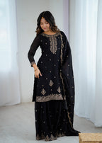 Lorenvalley Black Soft Crunchy Silk with Embroidery Sequence and Jari Work Kurta Palazzo with Dupatta | Grocsy