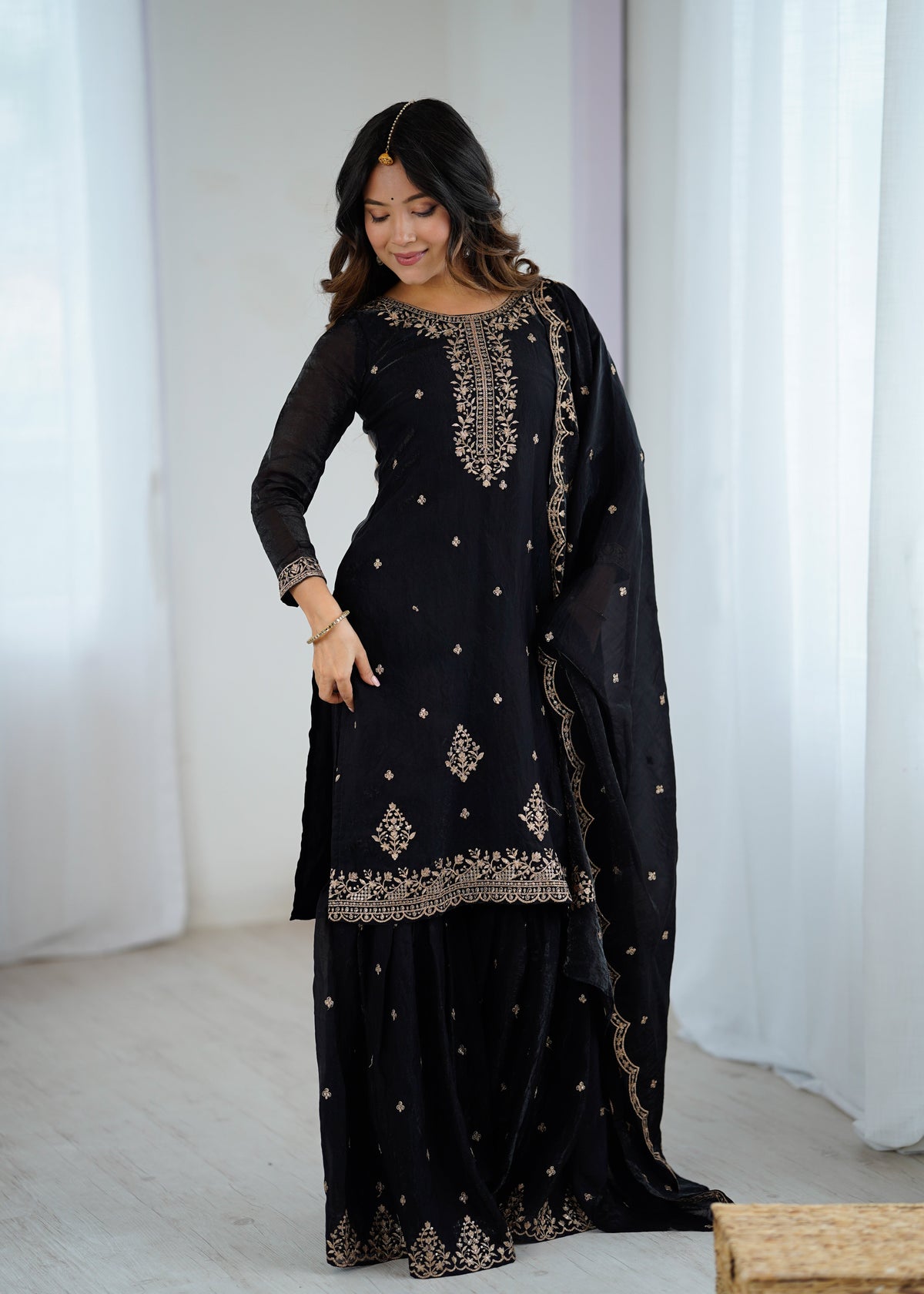 Lorenvalley Black Soft Crunchy Silk with Embroidery Sequence and Jari Work Kurta Palazzo with Dupatta | Grocsy